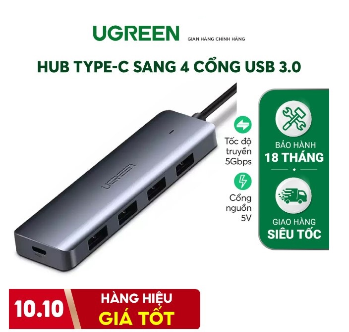 Bộ chia USB Type-C ra 4 cổng USB 3.0 có hỗ trợ nguồn Ugreen 70336